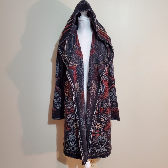 Johnny Was Biya cotton/wool blend black embroidered hooded cardigan sweater. S. - Picture 5 of 14